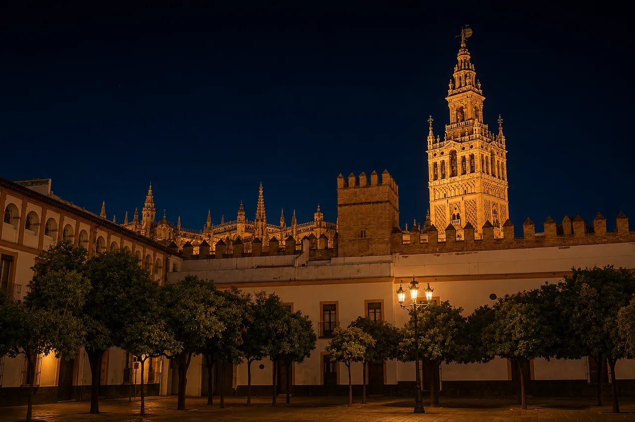 Patio de Banderas de noche, Real Alcázar, Sevilla